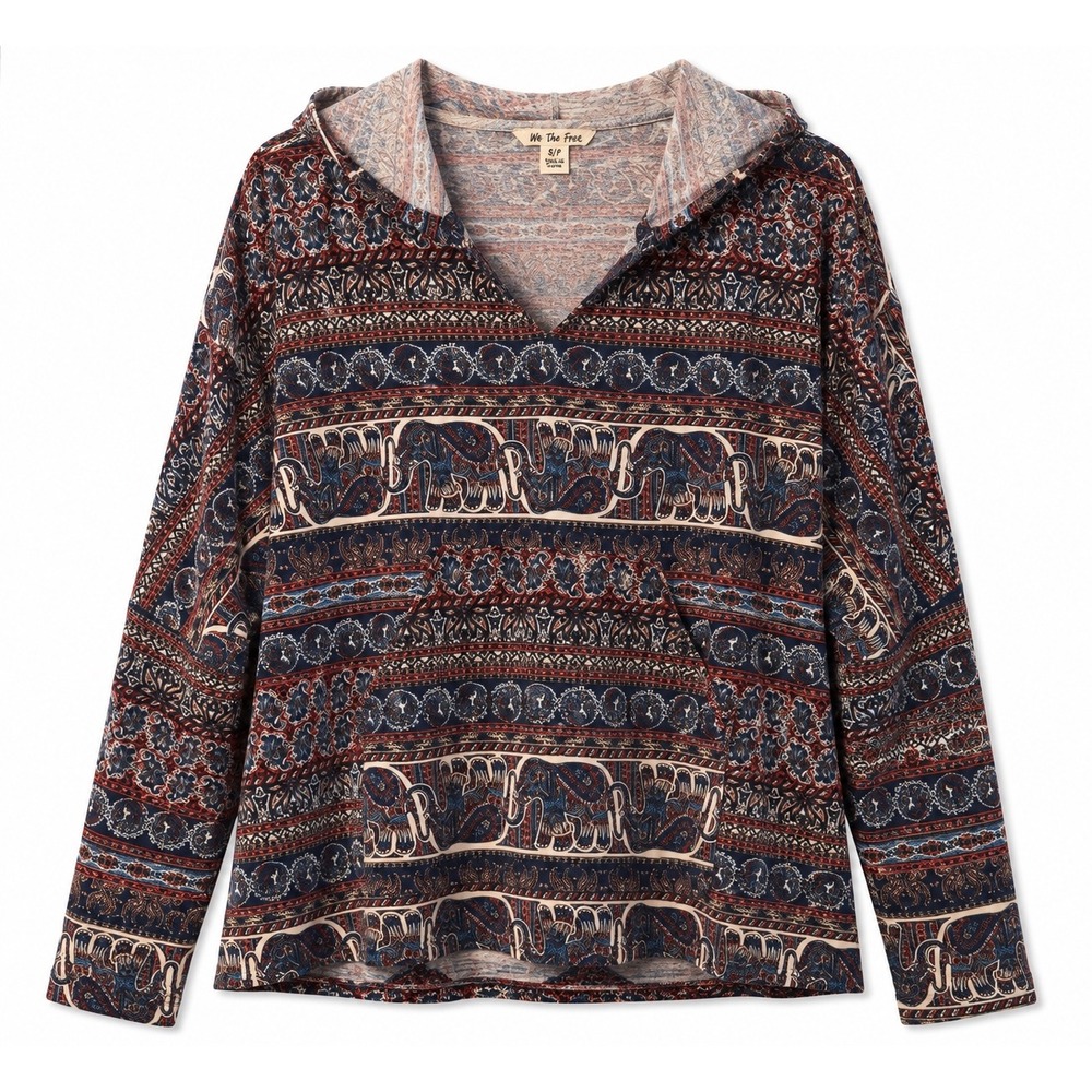 Yak & Yeti Elephant Paisley Boho Hoodie V-Neck Top XL Blue Red 22658 NEW